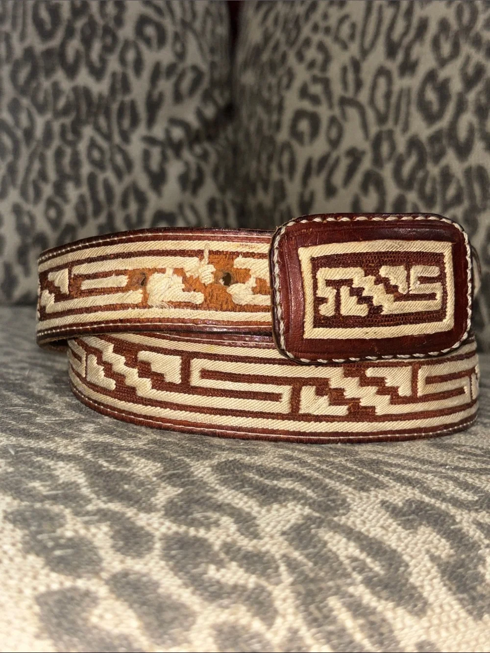 Western embroidered charro cowboy belt cream brown leather Aztec geometric 34